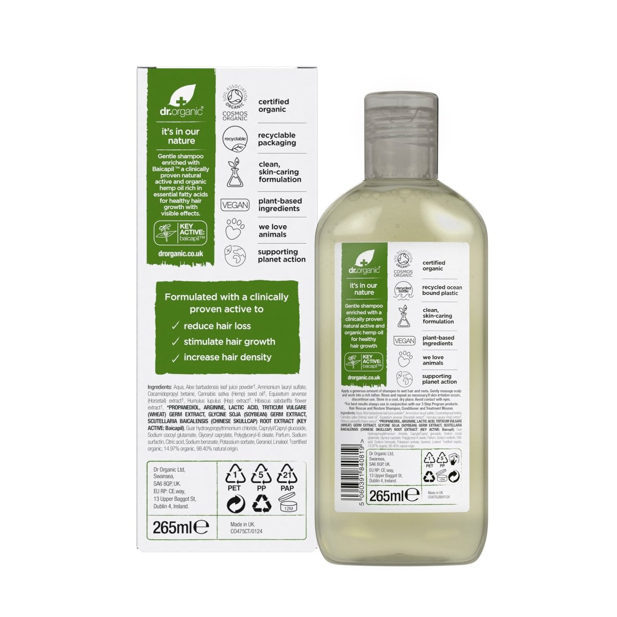 Champú rescate anticaída de Cáñamo 265ml - drorganic.es