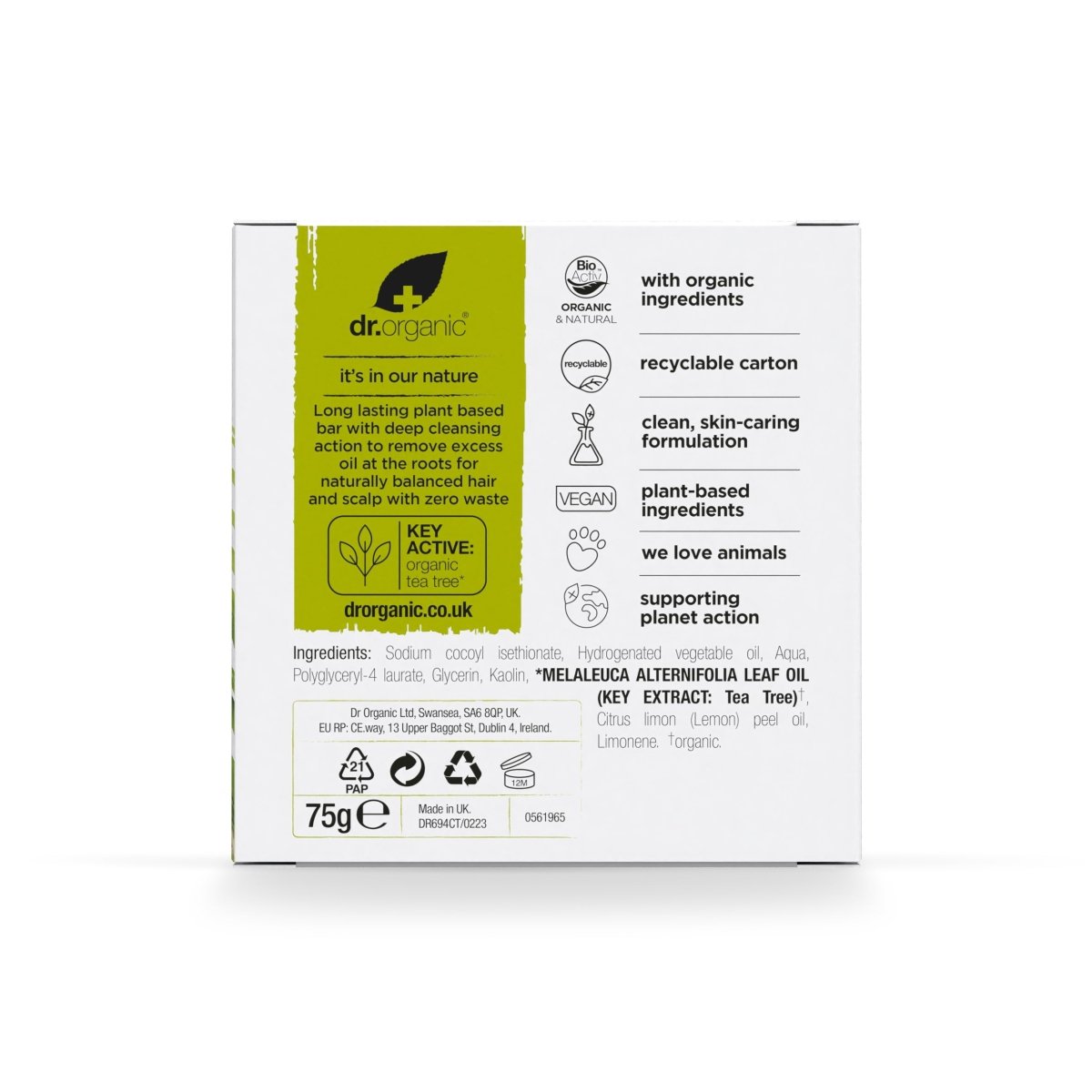 Champú sólido Árbol de Té y Limón para cabello graso 75 gr - drorganic.es